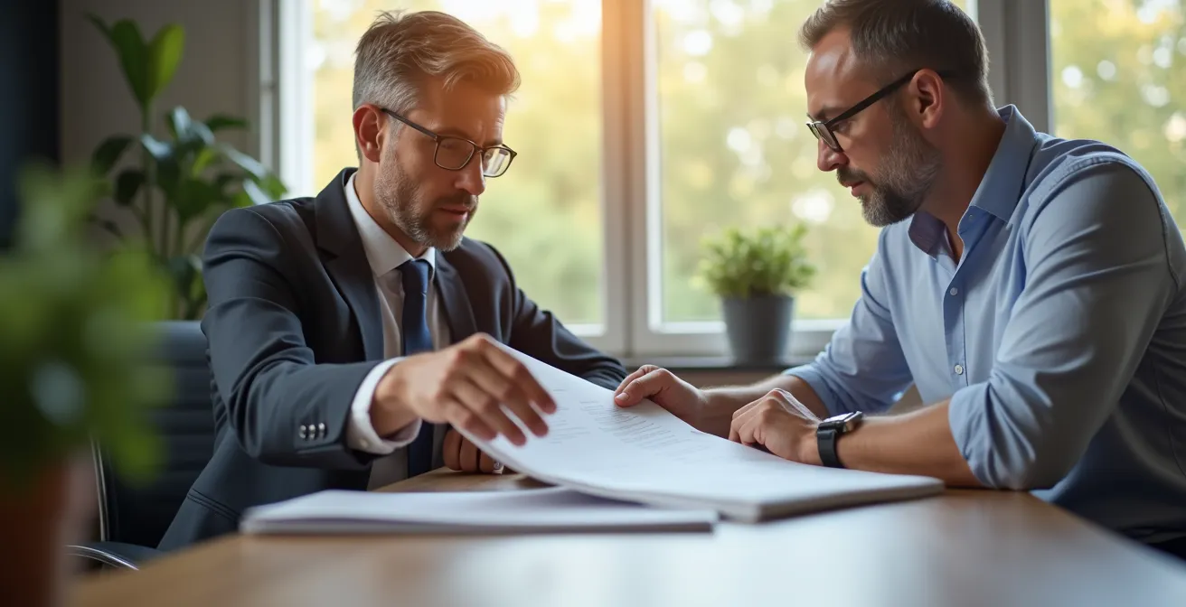 Photo montrant un courtier en assurance accompagnant un client à Perpignan avec un échange chaleureux en bureau lumineux