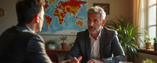 Photographie réaliste d'un courtier en assurance à Perpignan en interaction professionnelle avec un client, mettant en avant la proximité et l'expertise locale, sans texte ni éléments graphiques lisibles