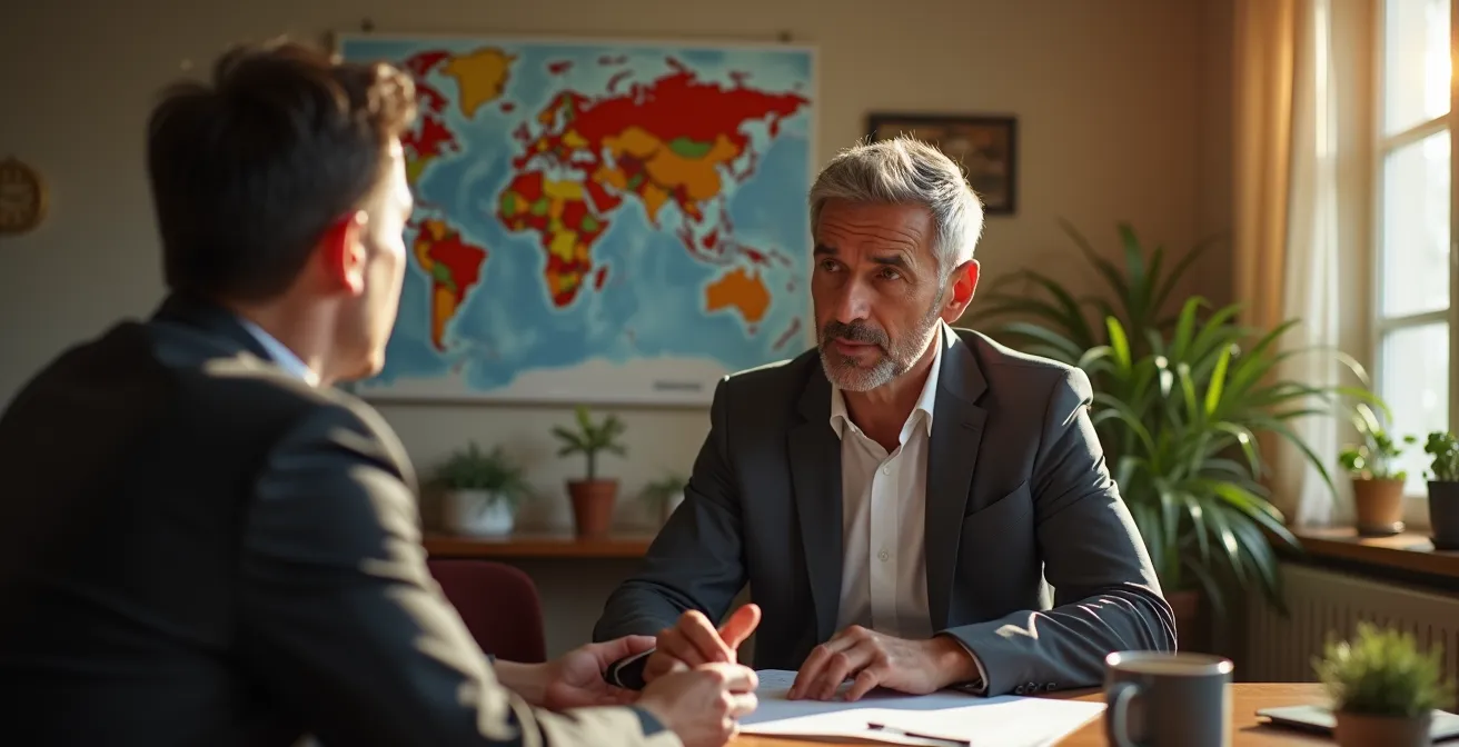 Photographie réaliste d'un courtier en assurance à Perpignan en interaction professionnelle avec un client, mettant en avant la proximité et l'expertise locale, sans texte ni éléments graphiques lisibles