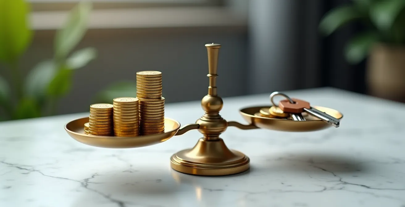 Balance en laiton équilibrée avec pièces d'or d'un côté et clés de maison de l'autre