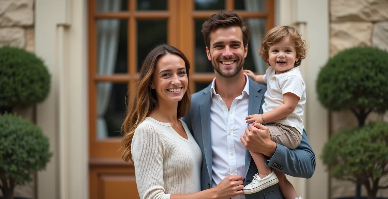 Famille souriante devant une échoppe bordelaise traditionnelle avec façade en pierre