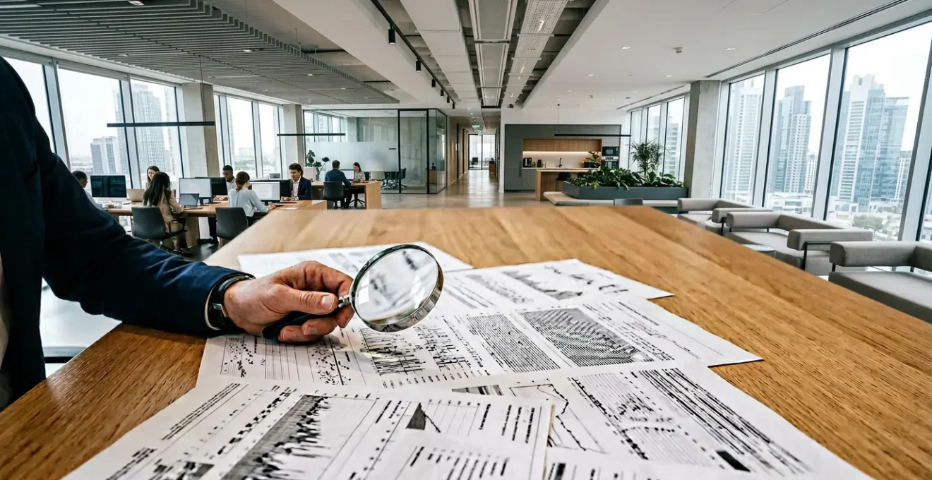 Analyse professionnelle de documents bancaires dans un bureau moderne avec focus sur les détails techniques