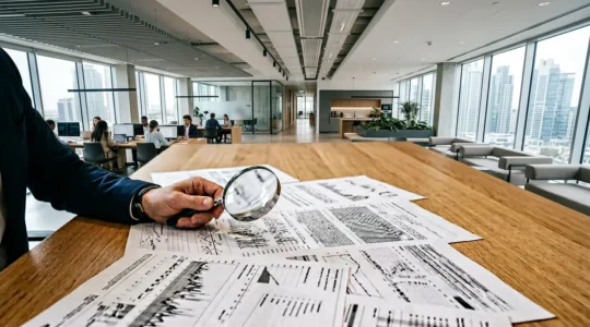 Analyse professionnelle de documents bancaires dans un bureau moderne avec focus sur les détails techniques