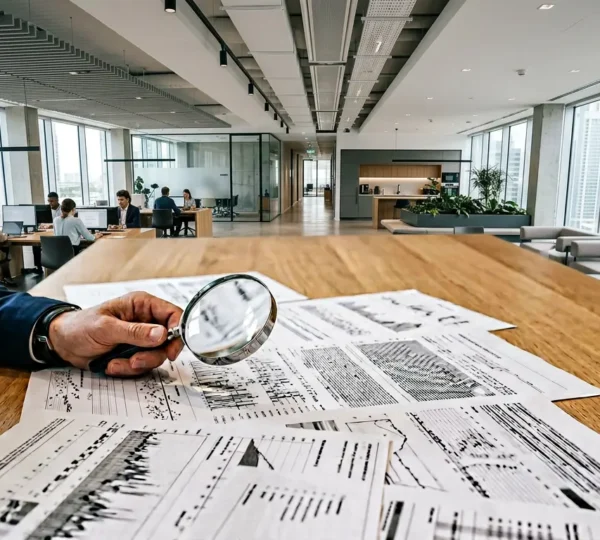 Analyse professionnelle de documents bancaires dans un bureau moderne avec focus sur les détails techniques