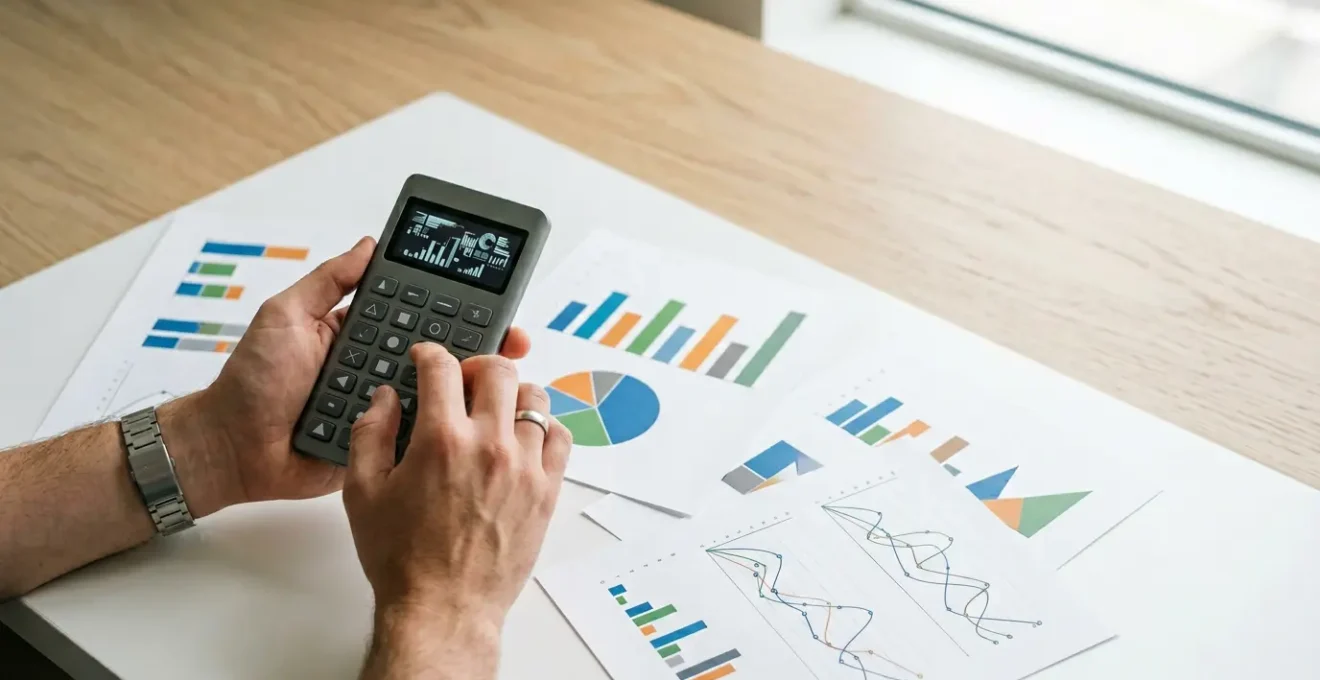 Bureau moderne avec documents de prêt immobilier et calculatrice financière en lumière naturelle
