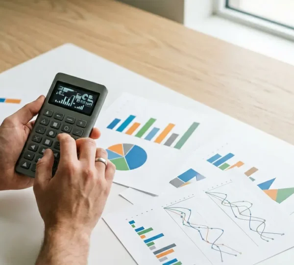 Bureau moderne avec documents de prêt immobilier et calculatrice financière en lumière naturelle
