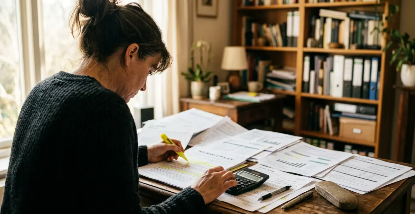 Personne examinant attentivement des documents d'assurance avec calculatrice sur bureau en bois