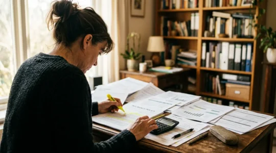 Personne examinant attentivement des documents d'assurance avec calculatrice sur bureau en bois