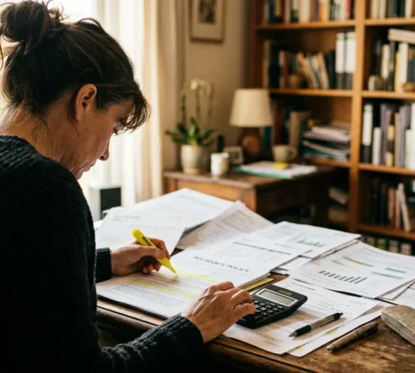 Personne examinant attentivement des documents d'assurance avec calculatrice sur bureau en bois