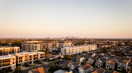 Vue aérienne d'un quartier résidentiel avec des données de prix superposées visuellement sur différents biens