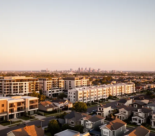 Vue aérienne d'un quartier résidentiel avec des données de prix superposées visuellement sur différents biens