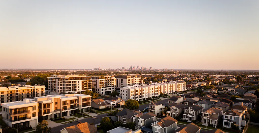 Vue aérienne d'un quartier résidentiel avec des données de prix superposées visuellement sur différents biens