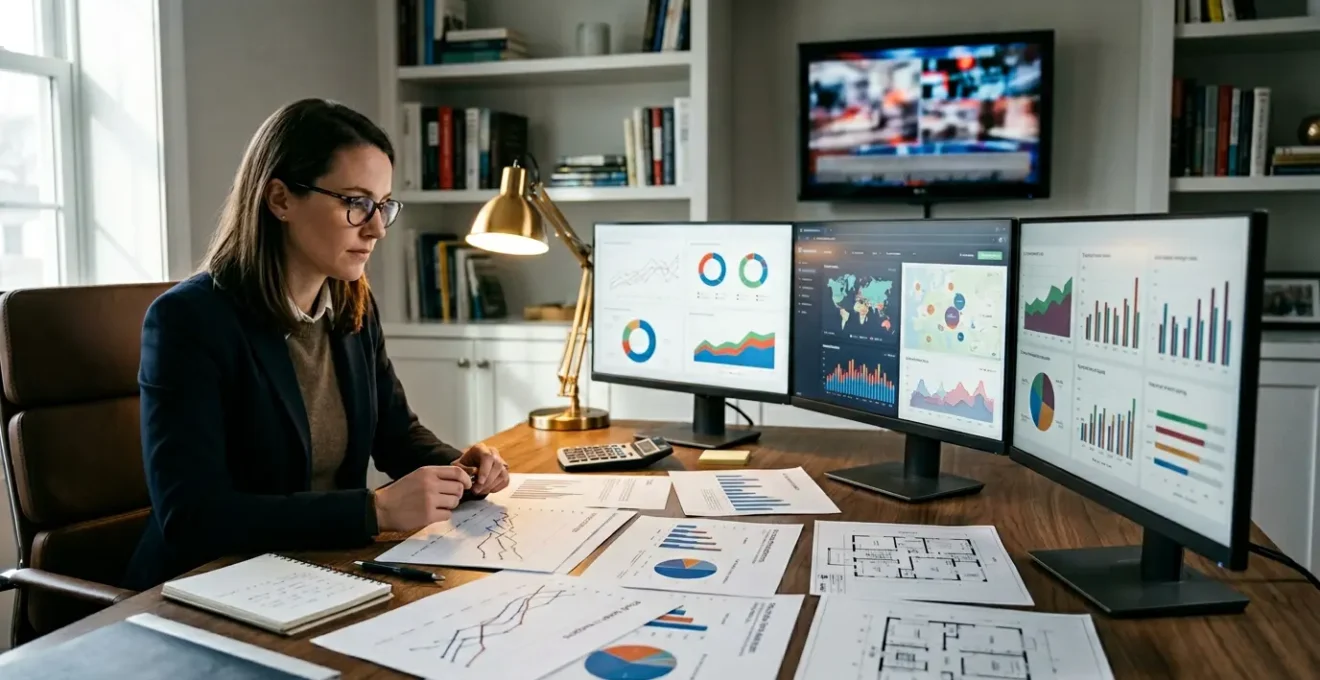 Professionnel analysant des données immobilières sur plusieurs écrans avec des graphiques de marché