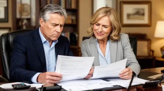 Couple quinquagénaire consultant des documents financiers dans leur bureau lumineux, avec une clé de maison posée sur la table
