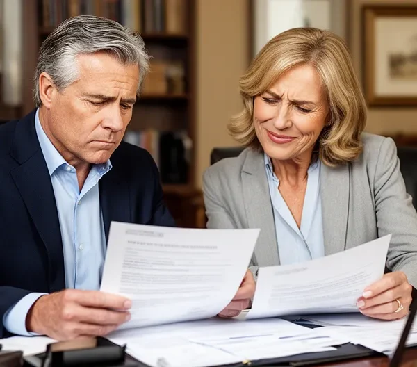 Couple quinquagénaire consultant des documents financiers dans leur bureau lumineux, avec une clé de maison posée sur la table