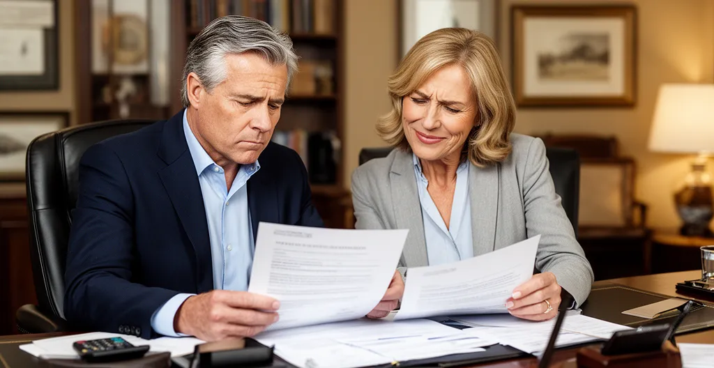 Couple quinquagénaire consultant des documents financiers dans leur bureau lumineux, avec une clé de maison posée sur la table