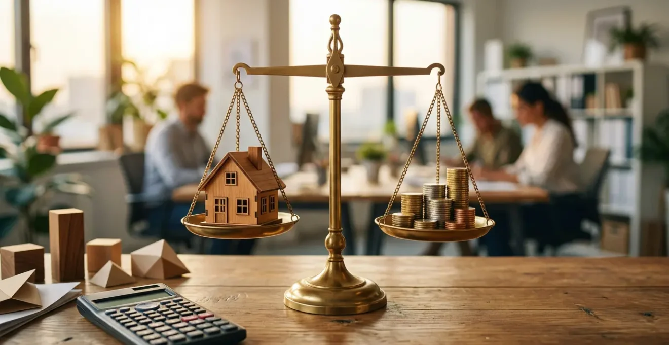 Comparaison visuelle entre différentes options de financement immobilier avec balance et documents