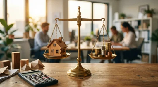 Comparaison visuelle entre différentes options de financement immobilier avec balance et documents