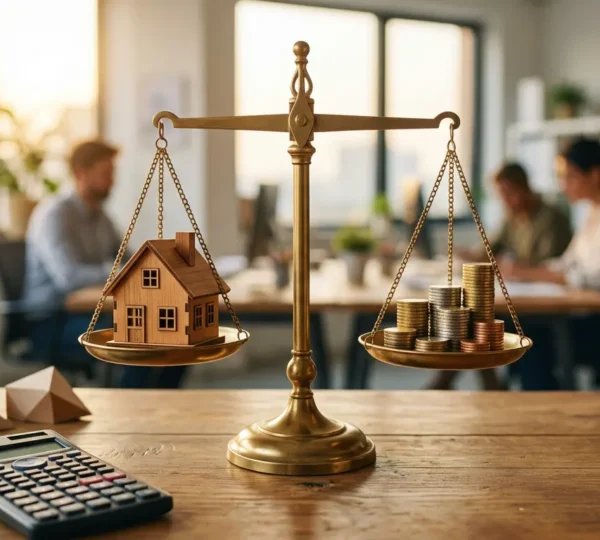 Comparaison visuelle entre différentes options de financement immobilier avec balance et documents