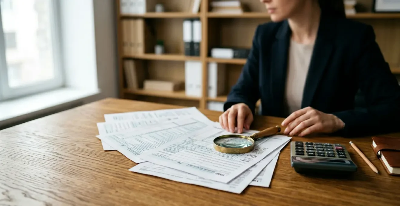 Bureau d'analyste bancaire avec documents fiscaux et calculatrice sur table en bois