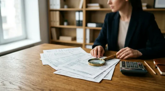 Bureau d'analyste bancaire avec documents fiscaux et calculatrice sur table en bois