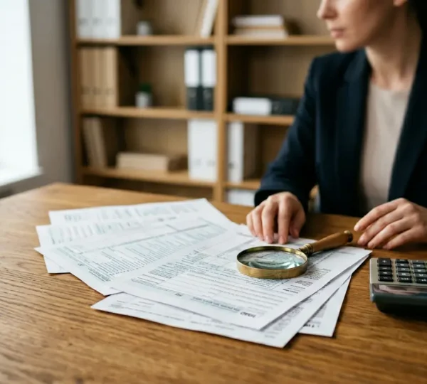 Bureau d'analyste bancaire avec documents fiscaux et calculatrice sur table en bois