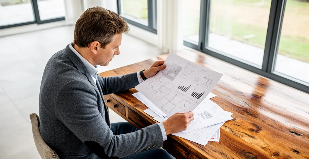 Propriétaire bailleur analysant des documents de convention Anah avec une vue sur un immeuble rénové