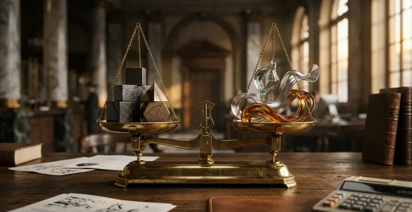 Balance métaphorique entre taux fixe et variable avec documents financiers flous et calculatrice en arrière-plan