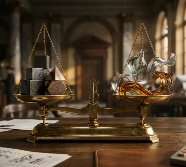 Balance métaphorique entre taux fixe et variable avec documents financiers flous et calculatrice en arrière-plan