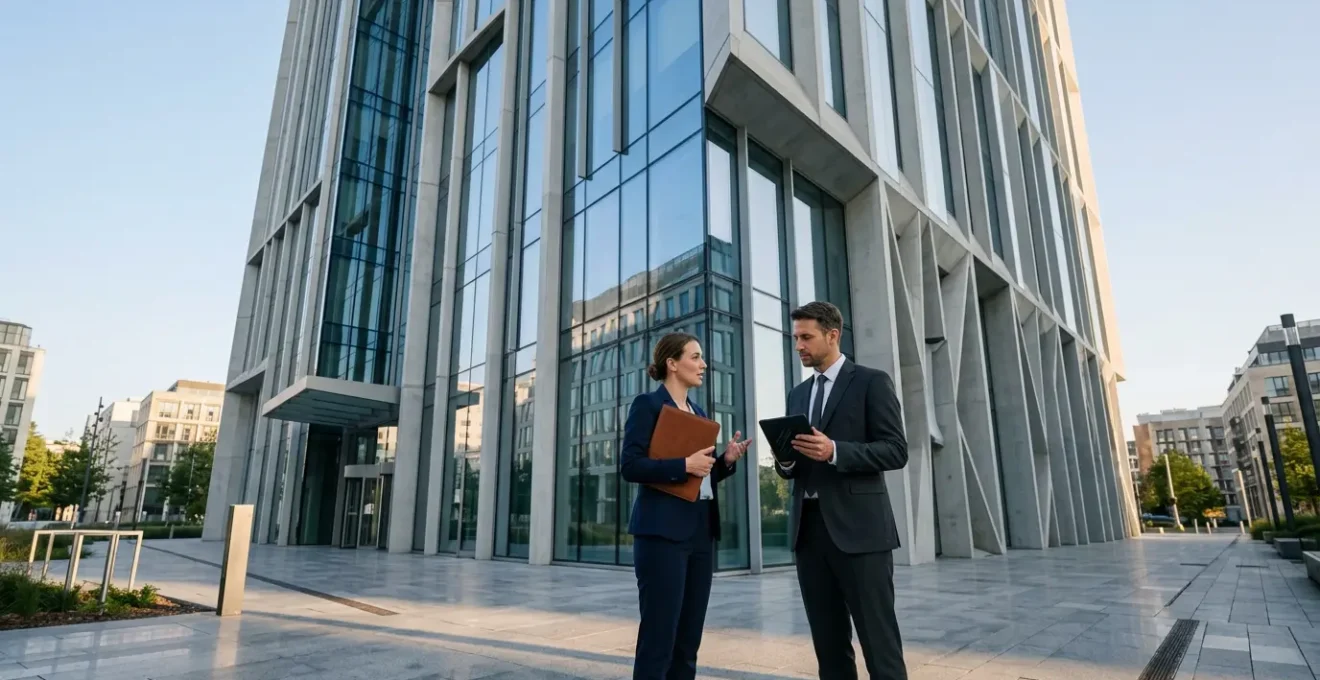 Vue architecturale moderne d'une façade de banque avec des personnes en discussion
