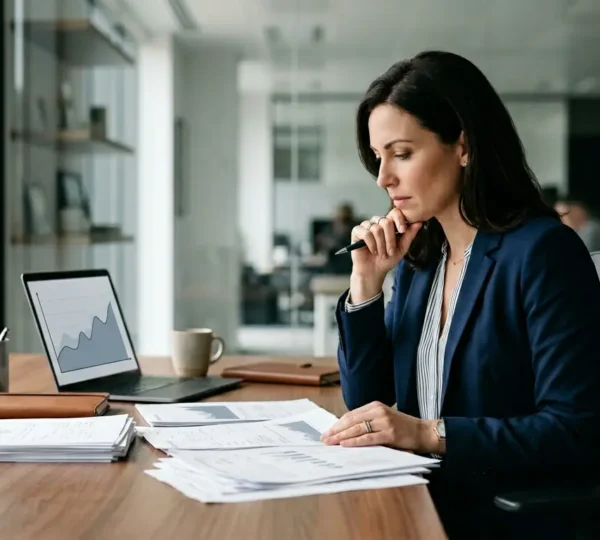 Conseiller bancaire étudiant des documents financiers dans un bureau lumineux