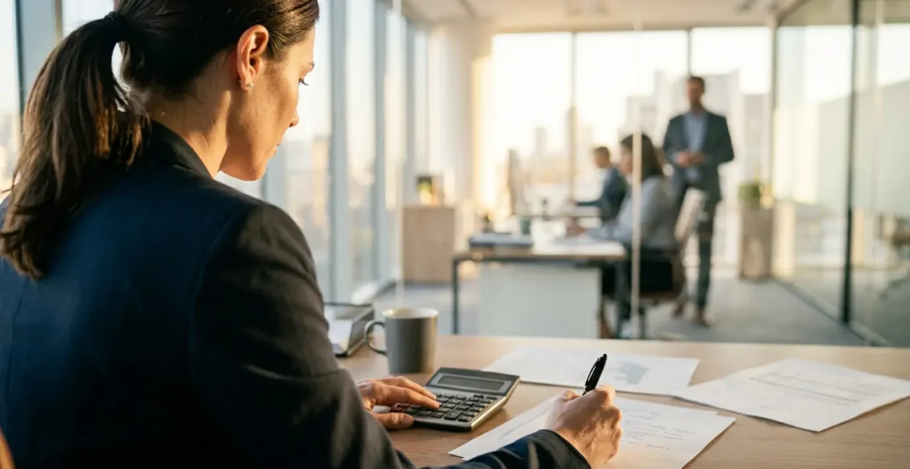 Banquier étudiant attentivement un dossier de crédit immobilier avec des documents éparpillés sur le bureau