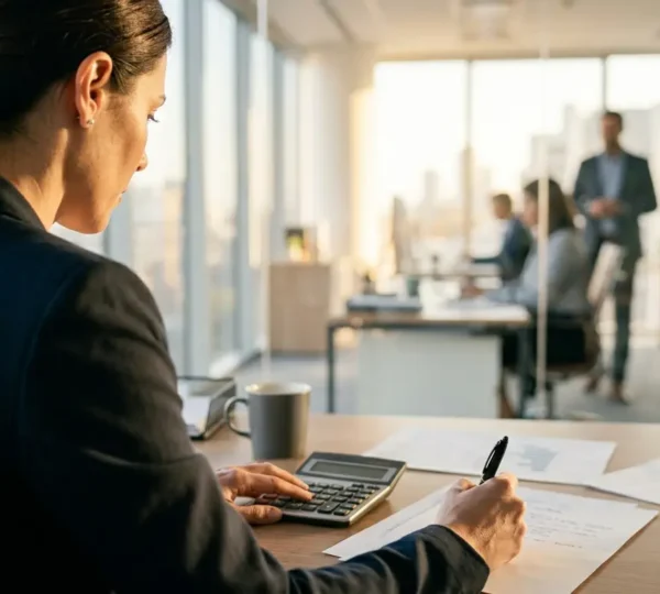 Banquier étudiant attentivement un dossier de crédit immobilier avec des documents éparpillés sur le bureau