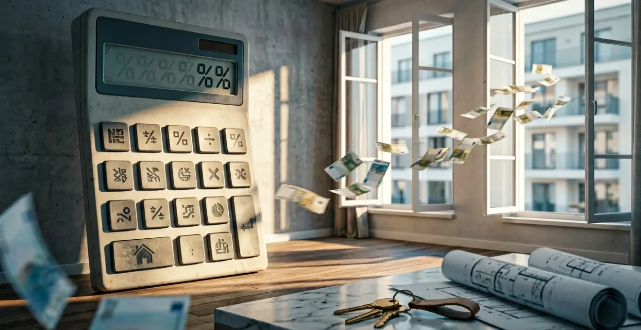 Une calculatrice géante dans un salon moderne avec des billets d'euros qui s'envolent par la fenêtre