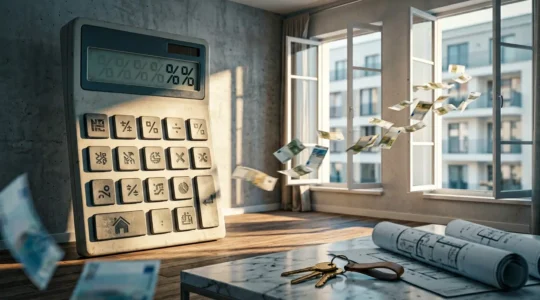 Une calculatrice géante dans un salon moderne avec des billets d'euros qui s'envolent par la fenêtre
