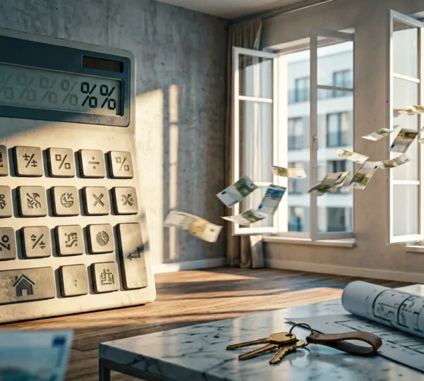 Une calculatrice géante dans un salon moderne avec des billets d'euros qui s'envolent par la fenêtre