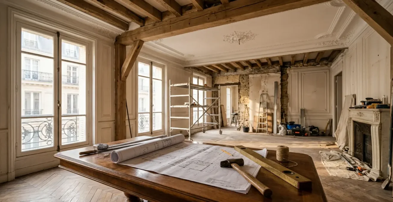 Vue architecturale d'un appartement haussmannien en rénovation avec outils et documents fiscaux disposés stratégiquement
