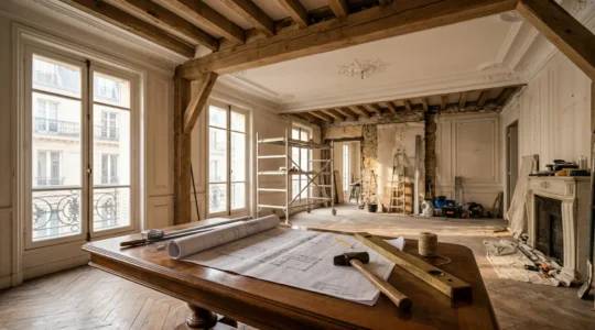 Vue architecturale d'un appartement haussmannien en rénovation avec outils et documents fiscaux disposés stratégiquement