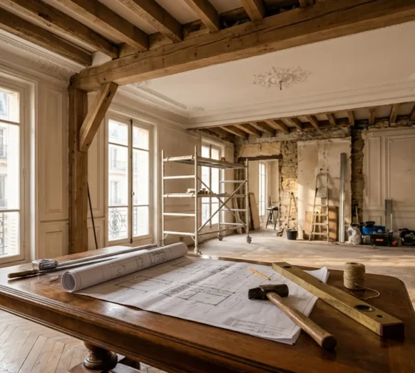 Vue architecturale d'un appartement haussmannien en rénovation avec outils et documents fiscaux disposés stratégiquement