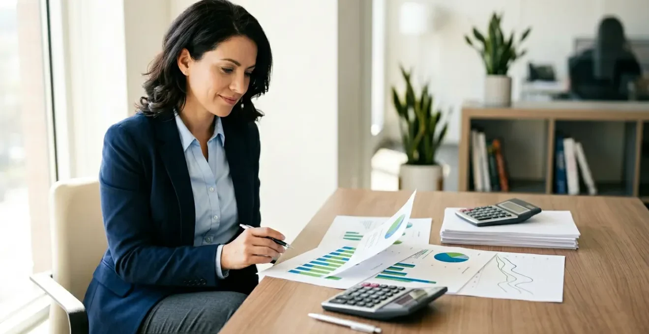 Personne professionnelle examinant des documents financiers sur un bureau moderne avec calculatrice et graphiques
