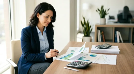 Personne professionnelle examinant des documents financiers sur un bureau moderne avec calculatrice et graphiques