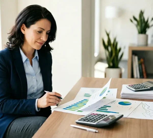 Personne professionnelle examinant des documents financiers sur un bureau moderne avec calculatrice et graphiques