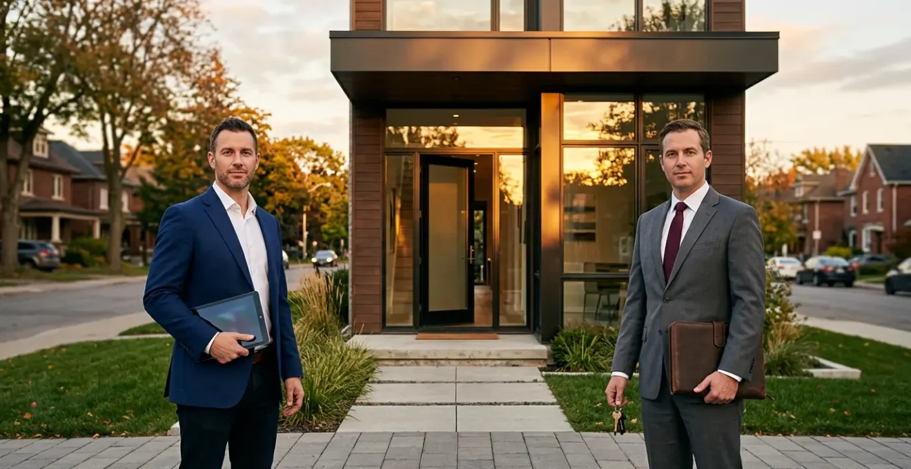 Deux professionnels de l'immobilier face à face devant une maison moderne, l'un avec tablette numérique, l'autre avec dossier physique, dans un environnement urbain lumineux