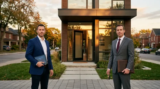 Deux professionnels de l'immobilier face à face devant une maison moderne, l'un avec tablette numérique, l'autre avec dossier physique, dans un environnement urbain lumineux