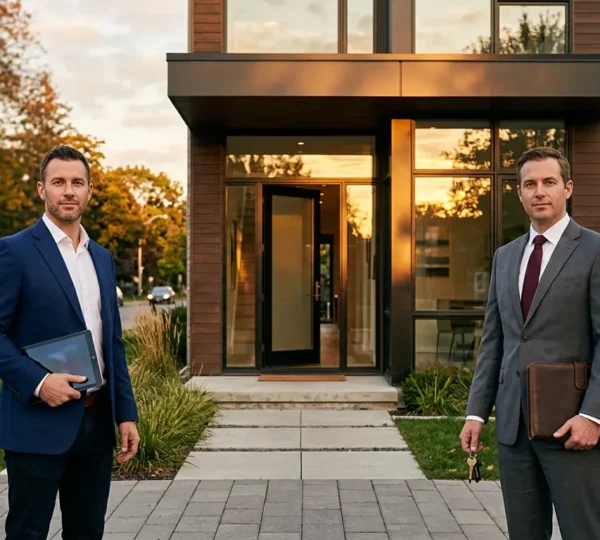 Deux professionnels de l'immobilier face à face devant une maison moderne, l'un avec tablette numérique, l'autre avec dossier physique, dans un environnement urbain lumineux