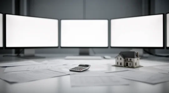 Un bureau moderne avec plusieurs écrans affichant des graphiques financiers, des documents de prêt éparpillés et une calculatrice, symbolisant la complexité du courtage immobilier en ligne