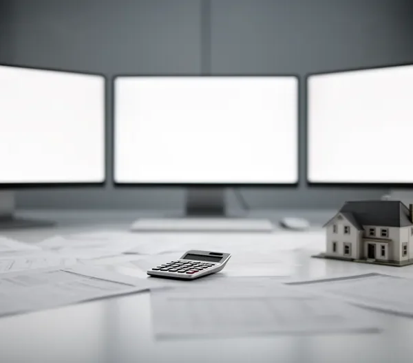 Un bureau moderne avec plusieurs écrans affichant des graphiques financiers, des documents de prêt éparpillés et une calculatrice, symbolisant la complexité du courtage immobilier en ligne