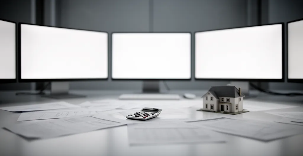 Un bureau moderne avec plusieurs écrans affichant des graphiques financiers, des documents de prêt éparpillés et une calculatrice, symbolisant la complexité du courtage immobilier en ligne
