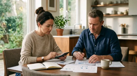 Couple analysant des documents financiers avec calculatrice et graphiques pour décider du remboursement anticipé de leur crédit immobilier