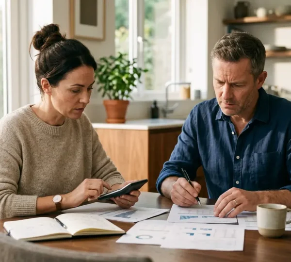 Couple analysant des documents financiers avec calculatrice et graphiques pour décider du remboursement anticipé de leur crédit immobilier